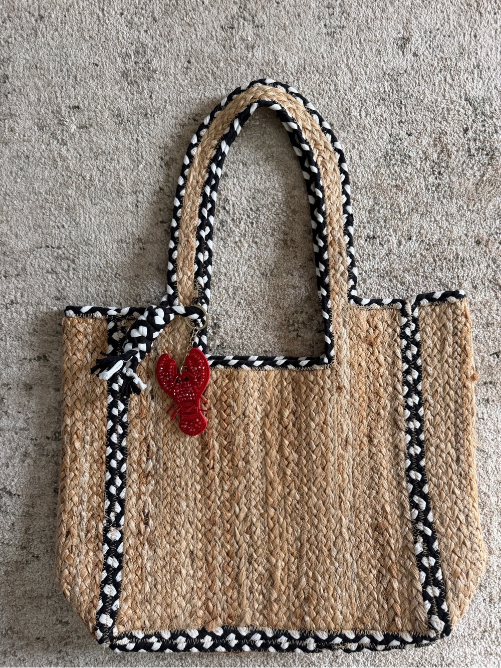 Woven Straw Jute Beach Tote with Lobster Charm | Coastal Summer Bag - Picture 3 of 5